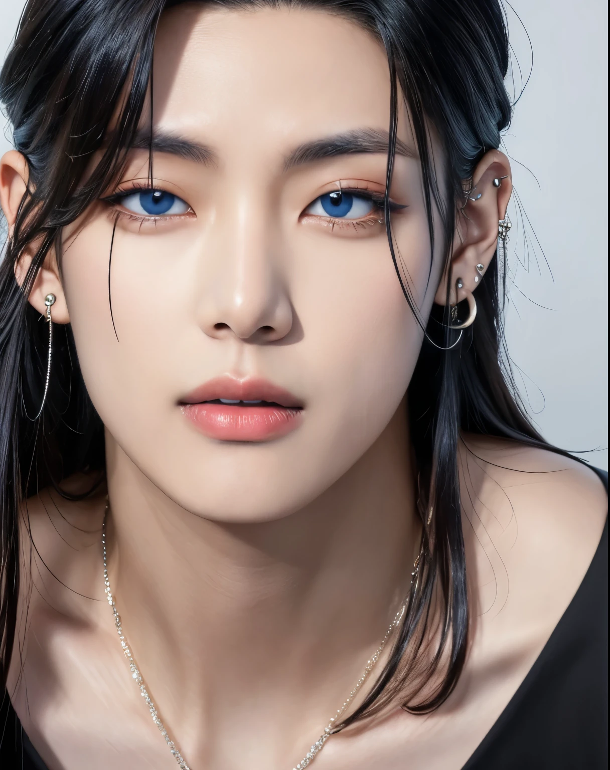 Make strong strokes, blue eyes and reinforce your Asian nationality, despite European ancestry. The wires are thin, his hair is black. Your eyes are piercing and your lips are full, perfeitamente avermelhados. Keep some original features of the image and add piercings and tattoos, your lips pierced, tatuagens pelo corpo, androgen face, taehyung, tae hyung, bts, taetae, teteco kim, hyung tae, piercing na boca, metal piercings, piercing no canto do boca, piercing center