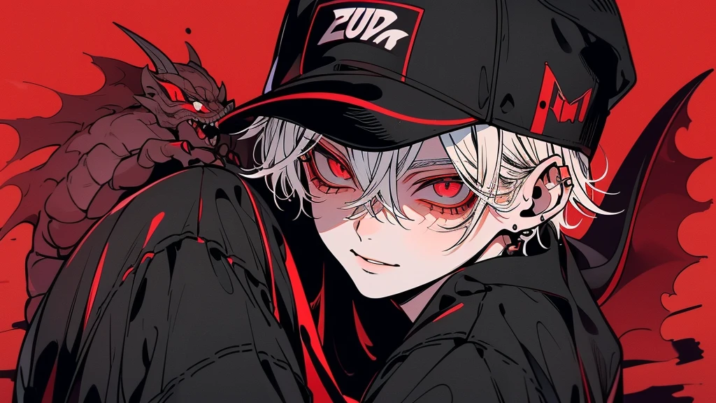 Boy in black cap, cabelo curto da cor castanho,  olhos vermelhos, usando moletom branco com detalhes pretos, hands in a pocket, sorriso serio, red lighting, sombra, luz dourada, Red background billboards detailed background with drawing of a yakuza dragon