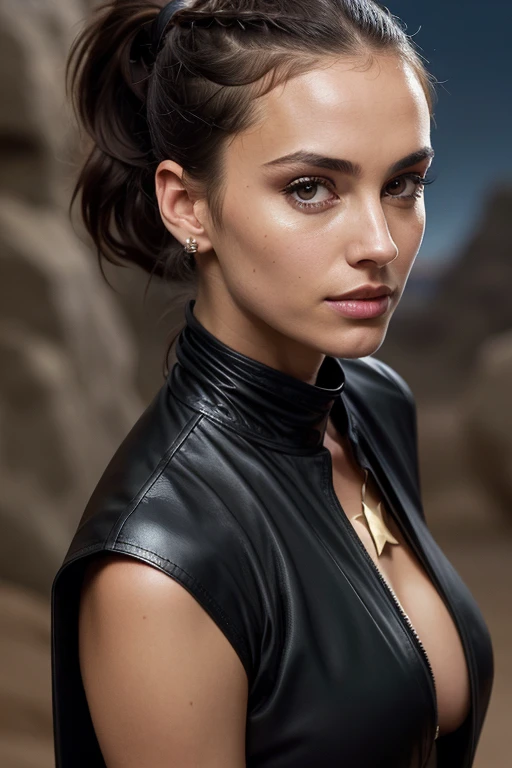 Beautiful brunette, ((ponytail hairstyle)), Jedi knight, short black Jedi tunic, ((cleavage)), Jedi belt, black leather pants, desert, night, star wars, eye contact, looking at viewer, masterpiece, best quality , perfect detail, perfect face detail, perfect eye detail, perfect skin detail, depth of field, perfect lighting