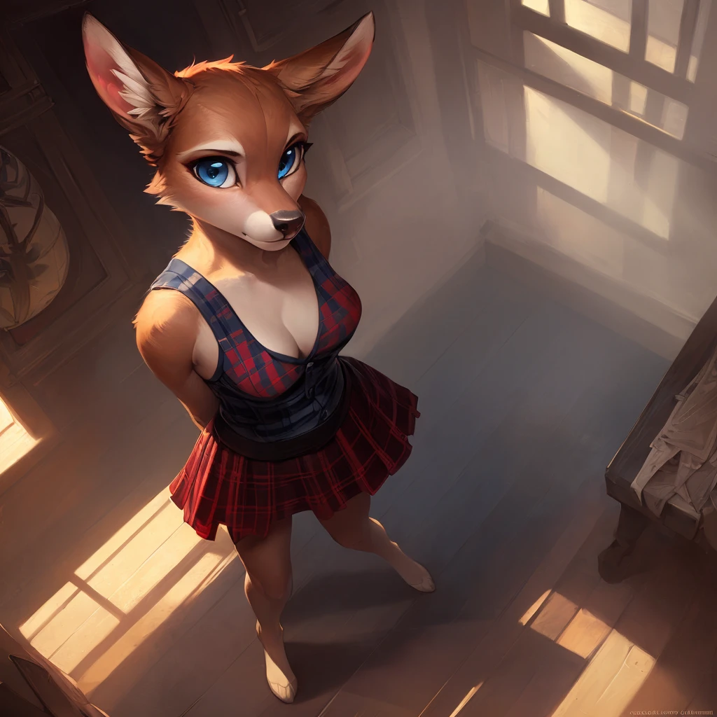 uploaded on e621, by Pixelsketcher, by Bayard Wu, by Thomas Benjamin Kennington , by Einshelm, solo young anthro female deer doe with ((nice small to medium breasts with skinny petite body)) and (fluffy tail) and ((clear navy blue eyes)), (( full body portrait)), BREAK, ((wear a red and black plaid skirt)), sweaty, nervous, embarrassed (detailed Bonifasko lighting), (detailed fur), (detailed skin), BREAK, ((facing viewer)), (cinematic lighting), ((detailed background)), ((high-angle view)), (three-quarter view), (half body shadow), [backlighting], [crepuscular ray], [detailed ambient light], [gray natural lighting], [ambient light on the belly], (higher wildlife feral detail), [explict content], [sharp focus], (questionable content), (shaded), ((masterpiece)), BREAK