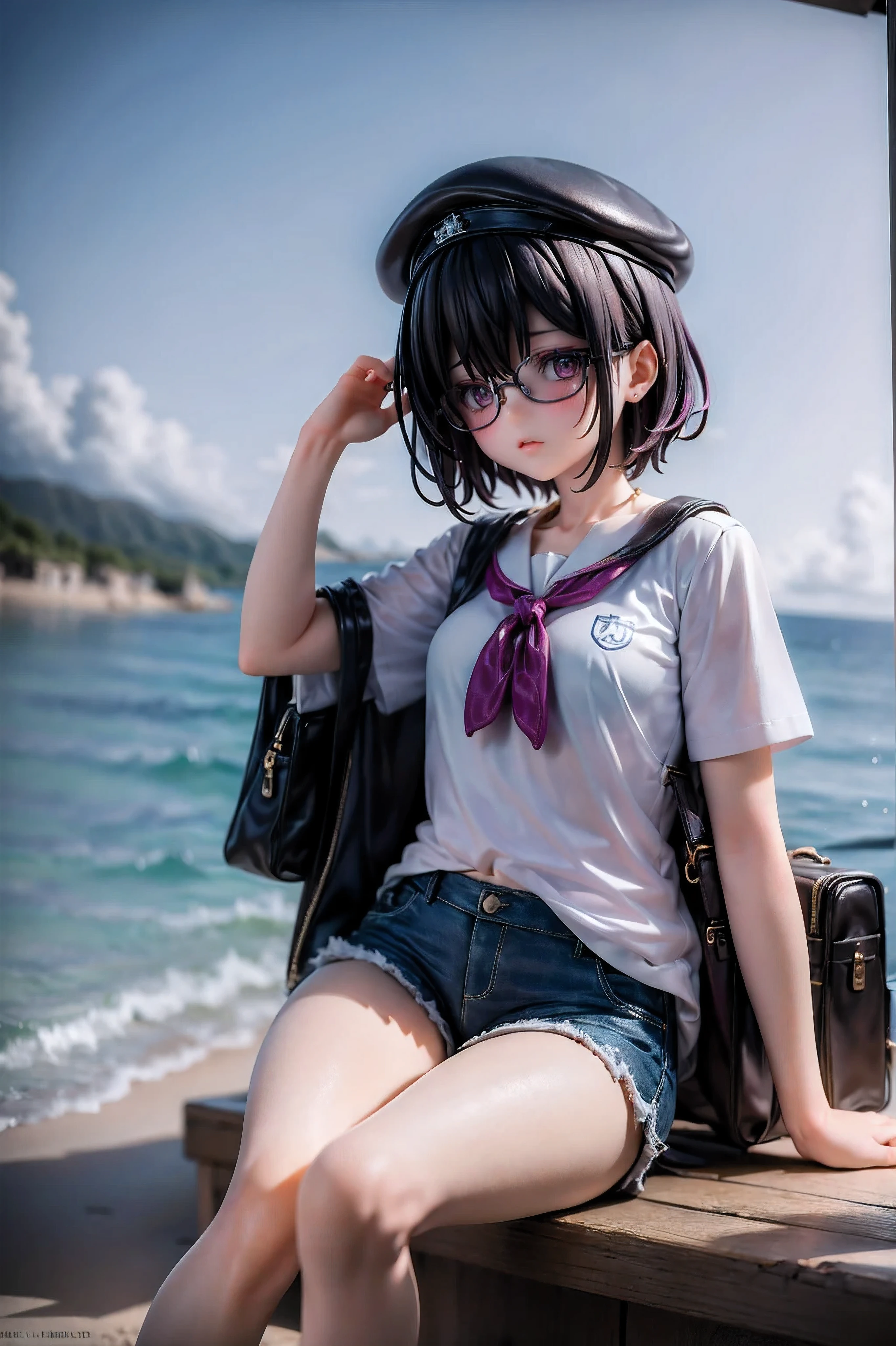 masterpiece, best quality, 1girl, beach, sitting on a beach towel, short hair, glasses, t-shirt, shorts, cap, blush, summer, soda can, bag