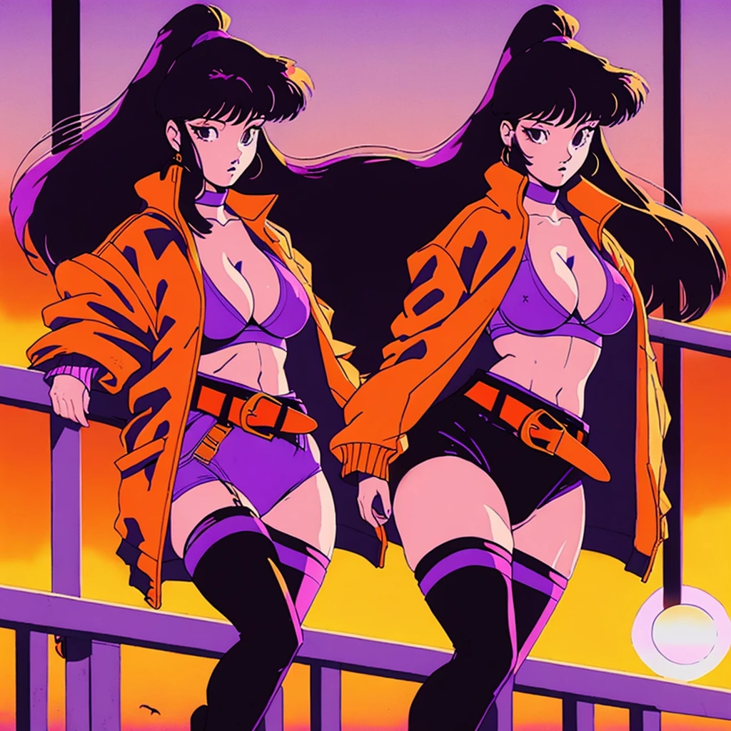 retro anime, 1990s anime, 1980s anime, (masterpiece), high-definition, vibrant colors, korean girl, big boobs, big hips, messy dark purple hair, orange eyes, crop top sweater, jacket, shorts, belt, thong, thigh high stockings, boots, fishnet, balcony, leaning on the railing, sunset