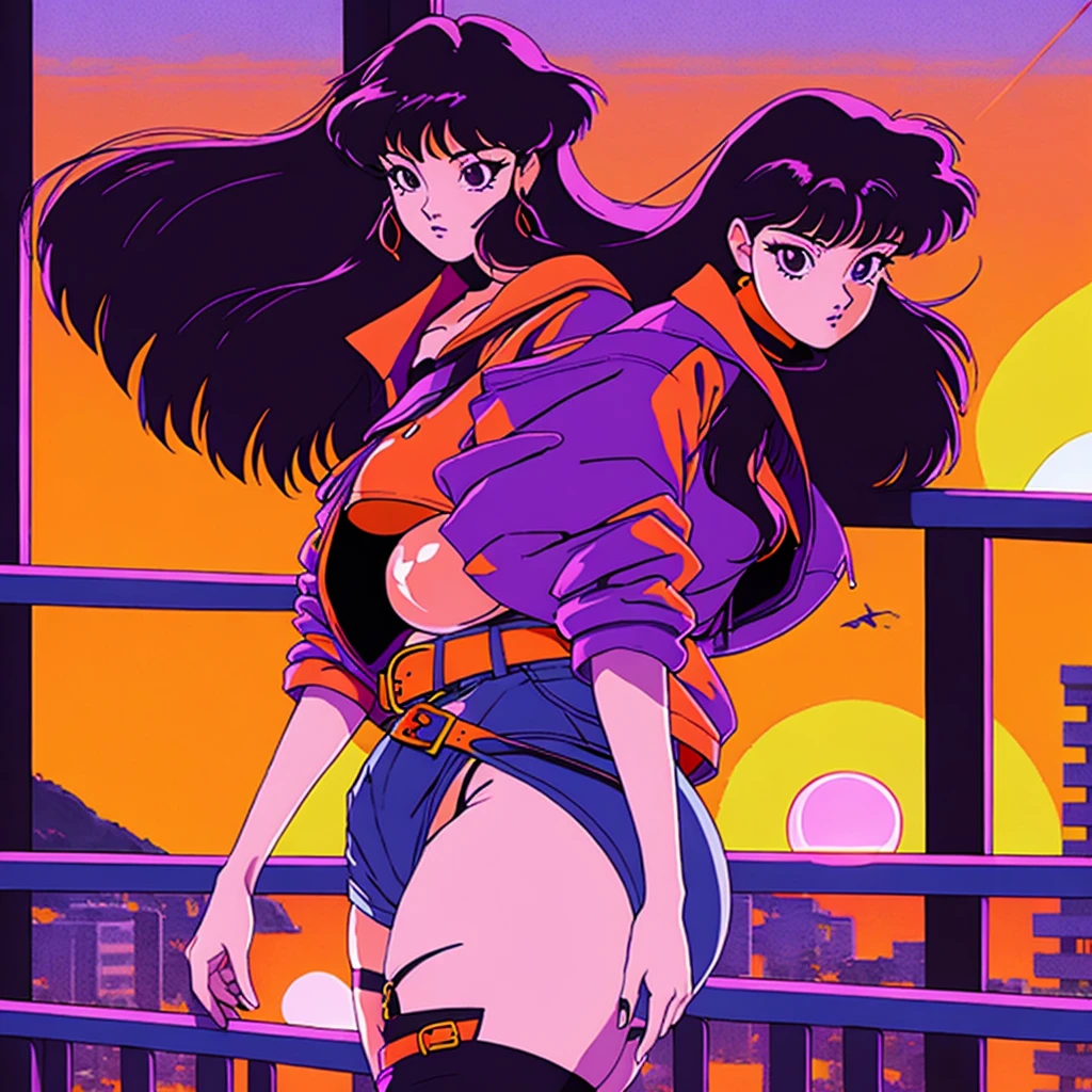  retro anime, 1990s anime, 1980s anime, (masterpiece), high-definition, vibrant colors, korean girl, big boobs, big hips, messy dark purple hair, orange eyes, crop top sweater, jacket, shorts, belt, thong, thigh high stockings, boots, fishnet, balcony, leaning on the railing, sunset