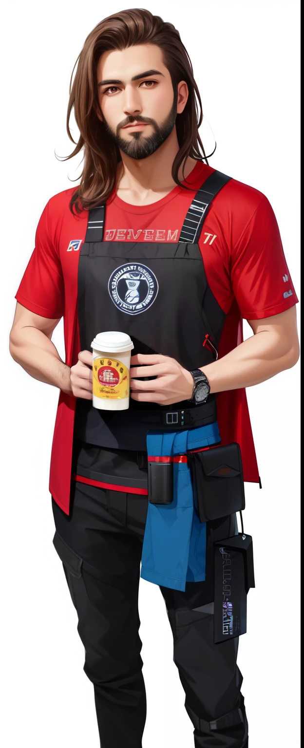 arafed man with a beard and a red shirt holding a cup of coffee, holding hot sauce, full body potrait holding bottle, upper body portrait, half body portrait, holding a tankard of ale, photograph of a techwear woman, fully body portrait, androgynous person, mid body portrait, half-body portrait, full body picture