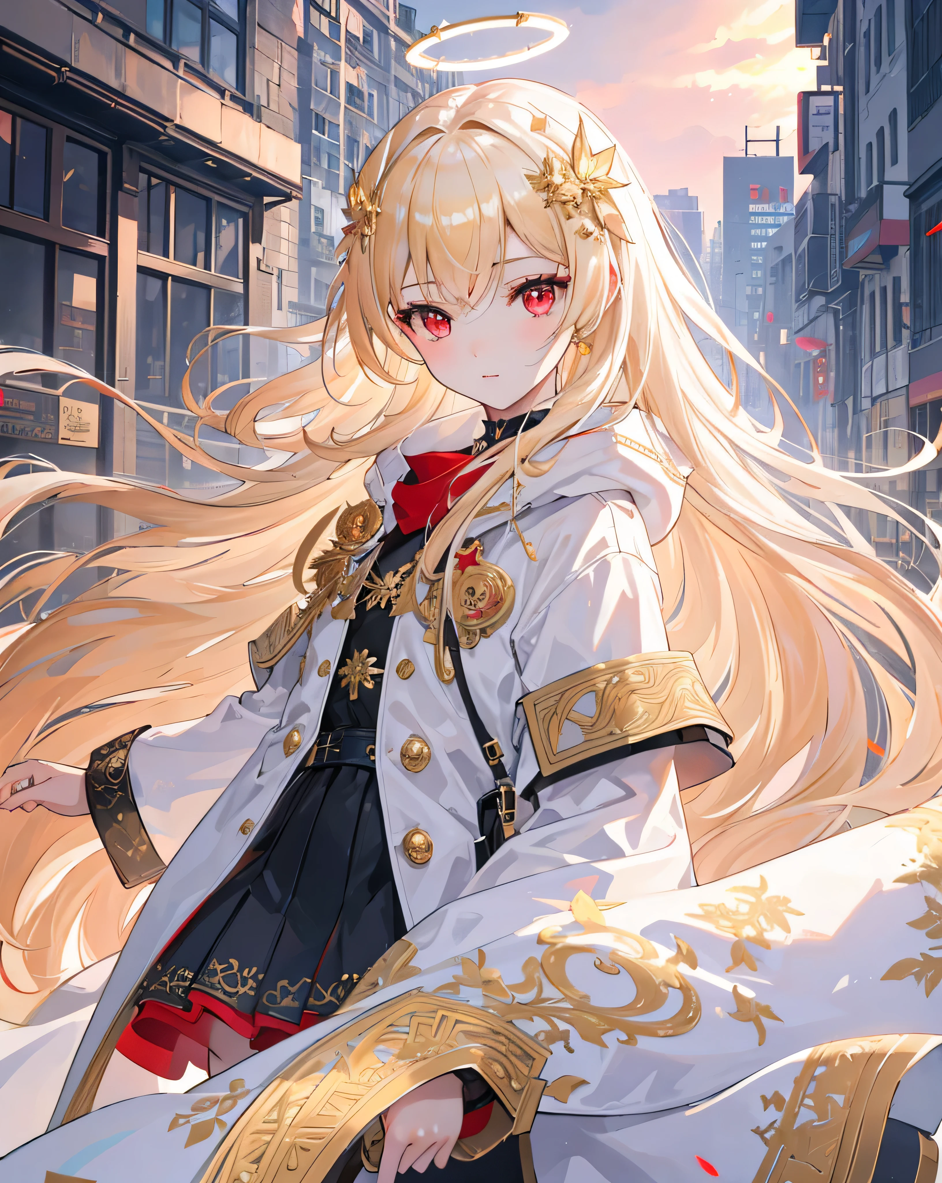 (obra maestra, Mejor calidad, CG extremadamente detallado, hermosos ojos detallados, ultra detallado, detalles intrincados:1.2), Fondo de pantalla 8K, elaborate features,
(1 chica, Solo:1.4), pelo largo, (cabello dorado:1.5), poros visibles, (gabardina blanca larga:1.3), falda negra, (Angel wings on the back:1.2), (ojos rojos:1.3), (Halo blanco en la cabeza:1.4), (ciudad moderna:1.4), cielo azul, RTX, technologically advanced city, luz lateral, DLSS, High Definition, amanecer, vivid colors, colores saturados, floating paticles, Escenario realista