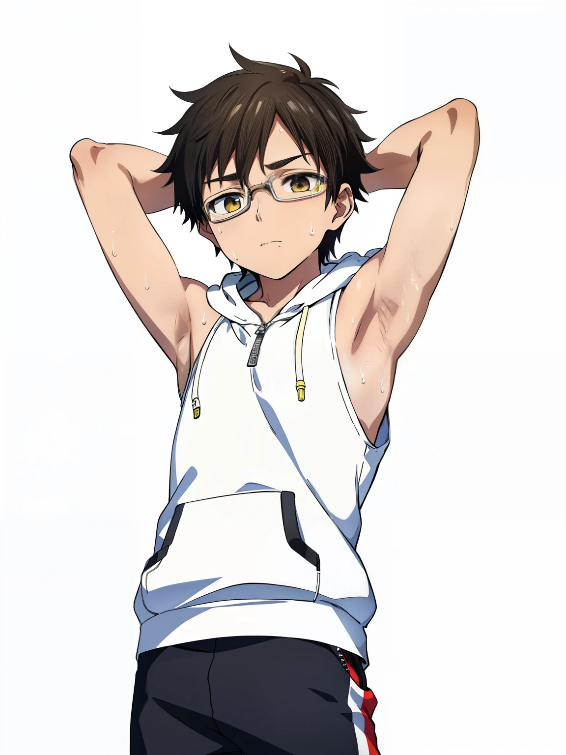 Highres, Masterpiece, Best quality at best,Best Quality,hight quality, hight detailed, 1boy, Shota, White hoodie with yellow stripes, Google glass , The hoodie is sleeveless and has an open zipper, (very small and short stature), (very young boy), (very small and short body), -yeld bo (Showing armpit:1.3), hansome, Sweat