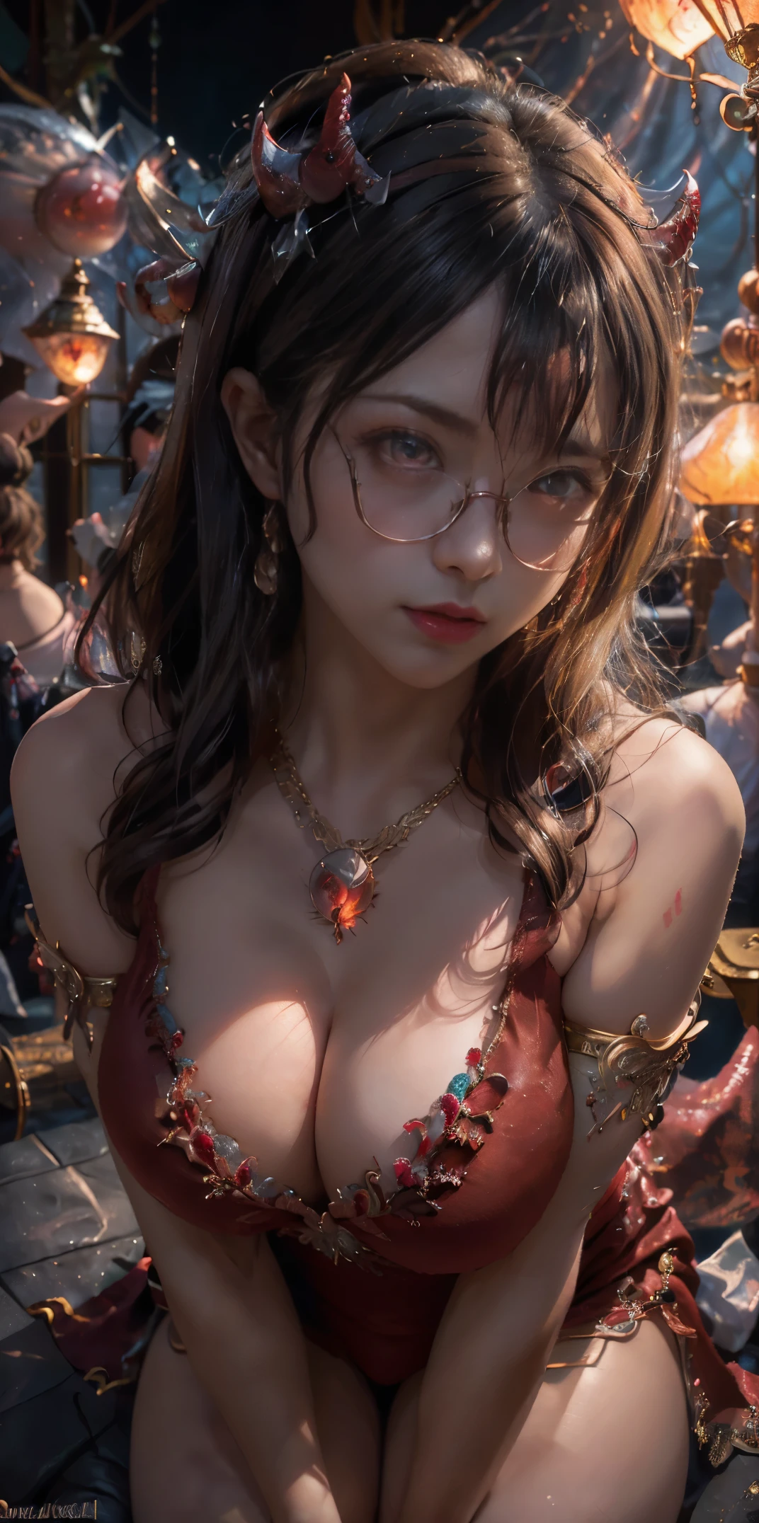 Fine、(The best illustrations)、8k UHD resolution、intricate-detail、top-quality、realisitic、ultra-detailliert、The best lighting、Best Shadows、Soft lighting、Ulutra HD、Dungeon and Dragon、caves、Dungeon、 A Necromancer、natta、Dark style、Succubus、Devil's Daughter、Bat Wings,(((Demon Hornlack-rimmed round glasses))))、(((Colossal tits)))、(Devil's Tail)、(red eyes glowing:1.6)、masterpiece、beautiful countenance、Tindall Effect、photos realistic、(High Detail Skins:1.2)、8KUHD、Digital SLR、hightquality、a picture、hight resolution、 absurderes、Ponytail distortion、best ratio four finger and one thumb、1人、hair adornments、Red sparkling gemstone necklace、jewely、Beautiful expression、Body Up、Large breasts emphasis、Toned waist、Wide buttocks、Tindall Effect、Photorealsitic、(High Detail Skins:1.2)、pink nipple, pink pussy