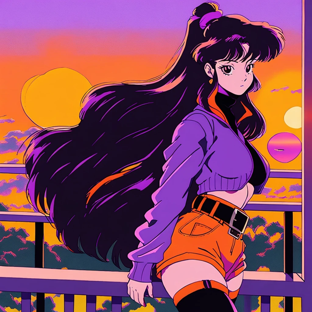 muted pastel colors, retro anime, 1990s anime, 1980s anime, (masterpiece), high-definition, vibrant colors, korean girl, big boobs, big hips, messy dark purple hair, orange eyes, crop top sweater, jacket, shorts, belt, thong, thigh high stockings, boots, fishnet, balcony, leaning on the railing, sunset