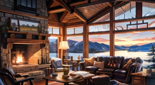 Illustration of a winter snowy lake cabin, lakeside view,shiny ,girl sitting on the sofa,table, Fireplace ,.jar,Back,beautiful winter scenery,Calm Lofi atmosphere,Ogawa,4K HD, cloud,beautiful art uhd 4 k, beautiful illustration painting, Beautiful digital painting, Highly detailed digital painting, beautiful digital artwork, detailed picture 4k, Highly detailed digital painting, Picturesque, rich colors, colorful digital painting