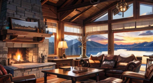Illustration of a winter snowy lake cabin, lakeside view,shiny ,girl sitting on the sofa,table, Fireplace ,.jar,Back,beautiful winter scenery,Calm Lofi atmosphere,Ogawa,4K HD, cloud,beautiful art uhd 4 k, beautiful illustration painting, Beautiful digital painting, Highly detailed digital painting, beautiful digital artwork, detailed picture 4k, Highly detailed digital painting, Picturesque, rich colors, colorful digital painting