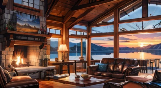 Illustration of a winter snowy lake cabin, lakeside view,shiny ,girl sitting on the sofa,table, Fireplace ,.jar,Back,beautiful winter scenery,Calm Lofi atmosphere,Ogawa,4K HD, cloud,beautiful art uhd 4 k, beautiful illustration painting, Beautiful digital painting, Highly detailed digital painting, beautiful digital artwork, detailed picture 4k, Highly detailed digital painting, Picturesque, rich colors, colorful digital painting