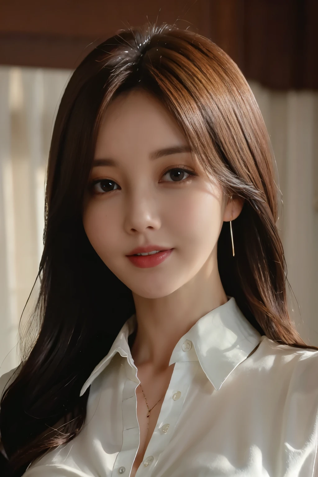 table top, best quality, realistic, very detailed, in detail, high resolution, 8k wallpapers, 1 beautiful woman,, Light brown messy hair, in a business suit, sharp focus, Complete dynamic configuration, beautiful and delicate eyes, detailed hair, 섬세하고 realistic 피부 결, laughing, Close-up portrait, Model Body Type