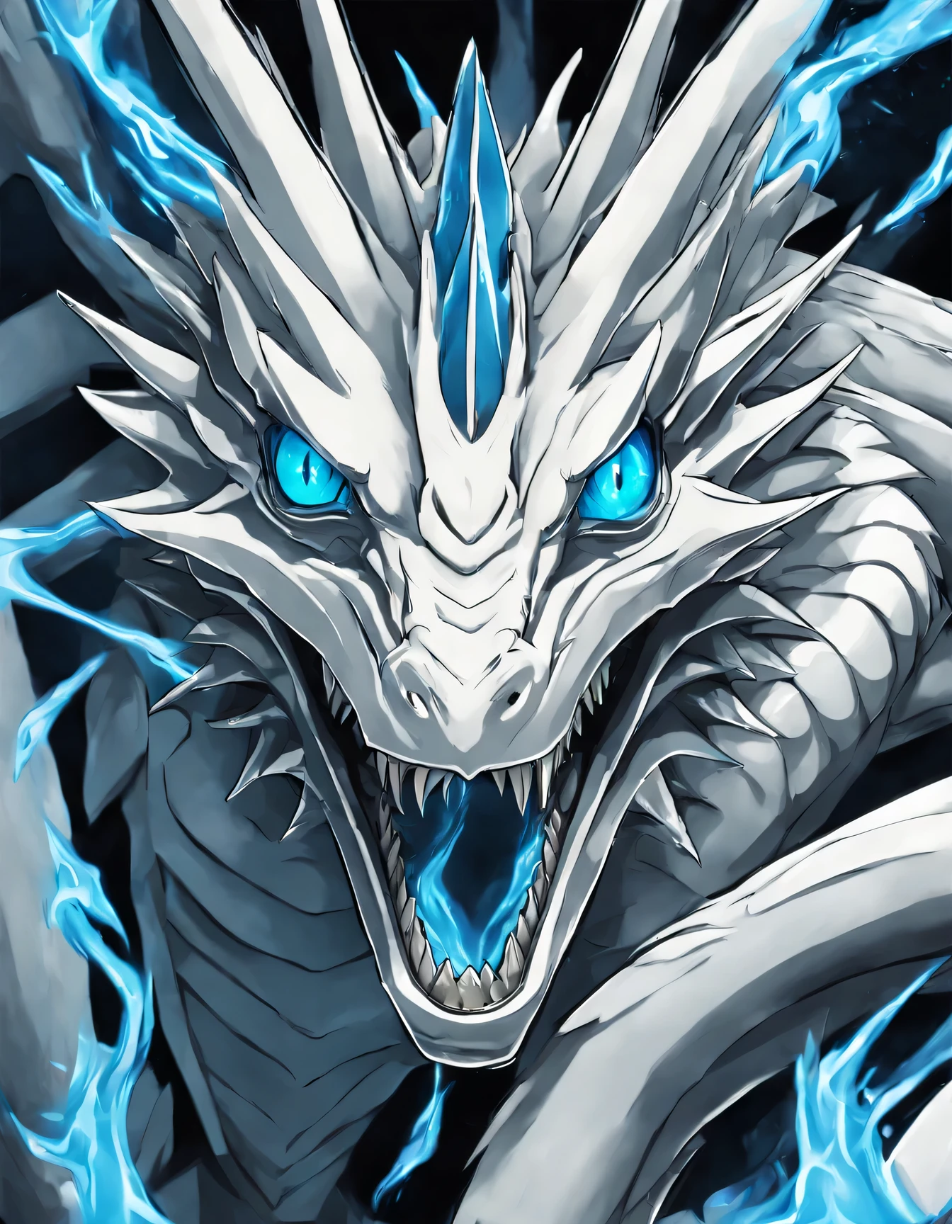 anime style, Yu-Gi-Oh, game card, Blue-eyed white dragon, whole body, cyan eyed white dragon, best quality, masterpiece