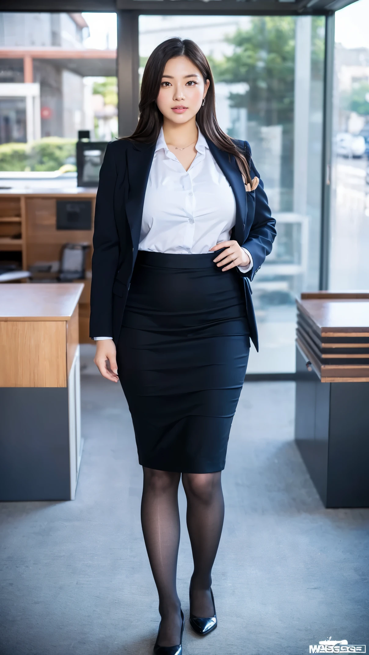 (masutepiece,High quality,16k:1.1),(depth of fields:1.3) ,((front body:1.35)),Japanese ,Woman, ((business suit, pencil skirt)), tights,huge breasts, voluptuous, thicc, curvy,(Looking at Viewer:1.3),(full body shot:1.2),(Beautiful Morning view of town:1.2),