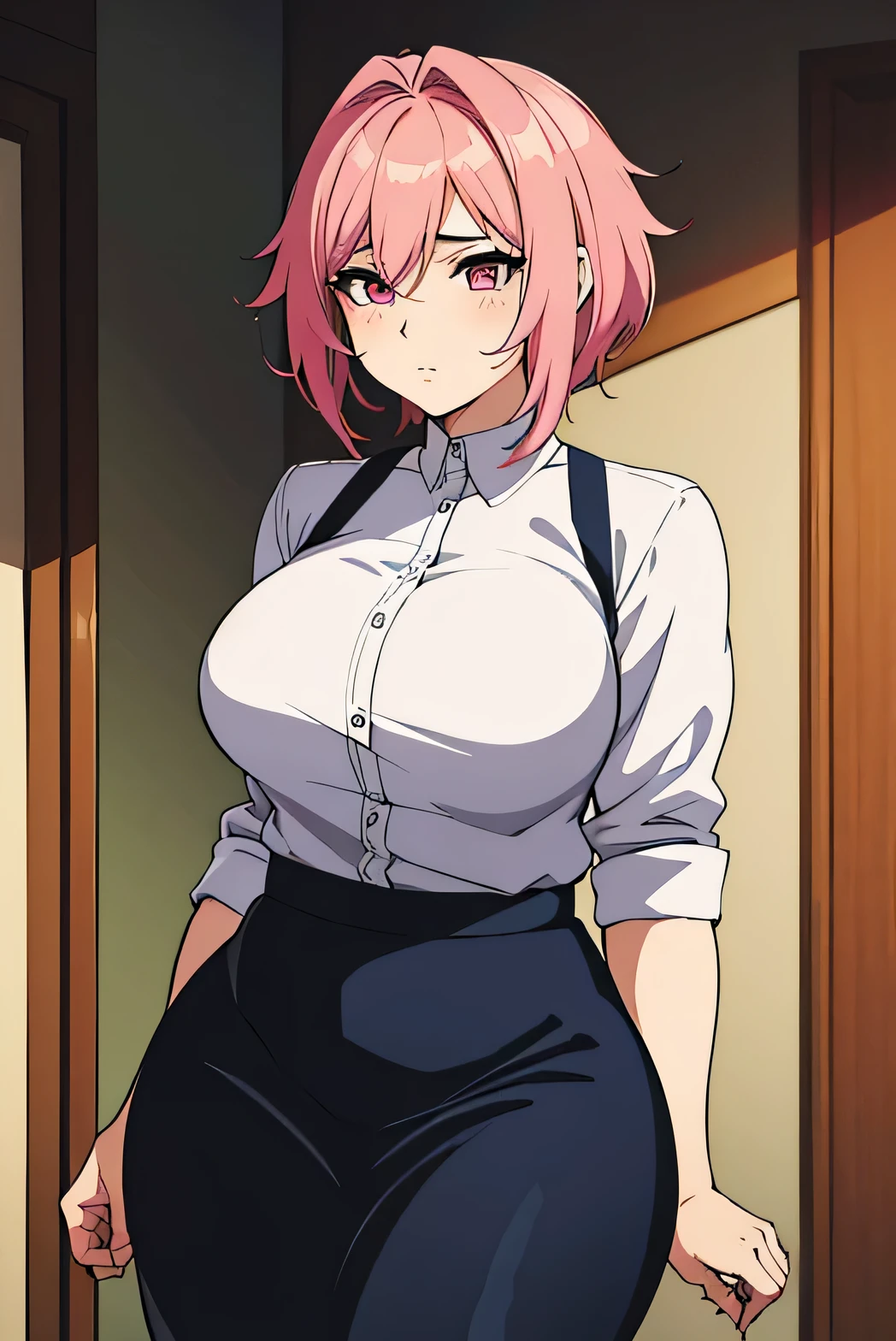 there is a cartoon picture of feminine boy with short pink hair, anime moe artstyle, 1 7 - year - old anime, in an anime style, demon femboy, flat anime style, cute, crossdresser, lewd body, curvy, waitress outfit, big breasts