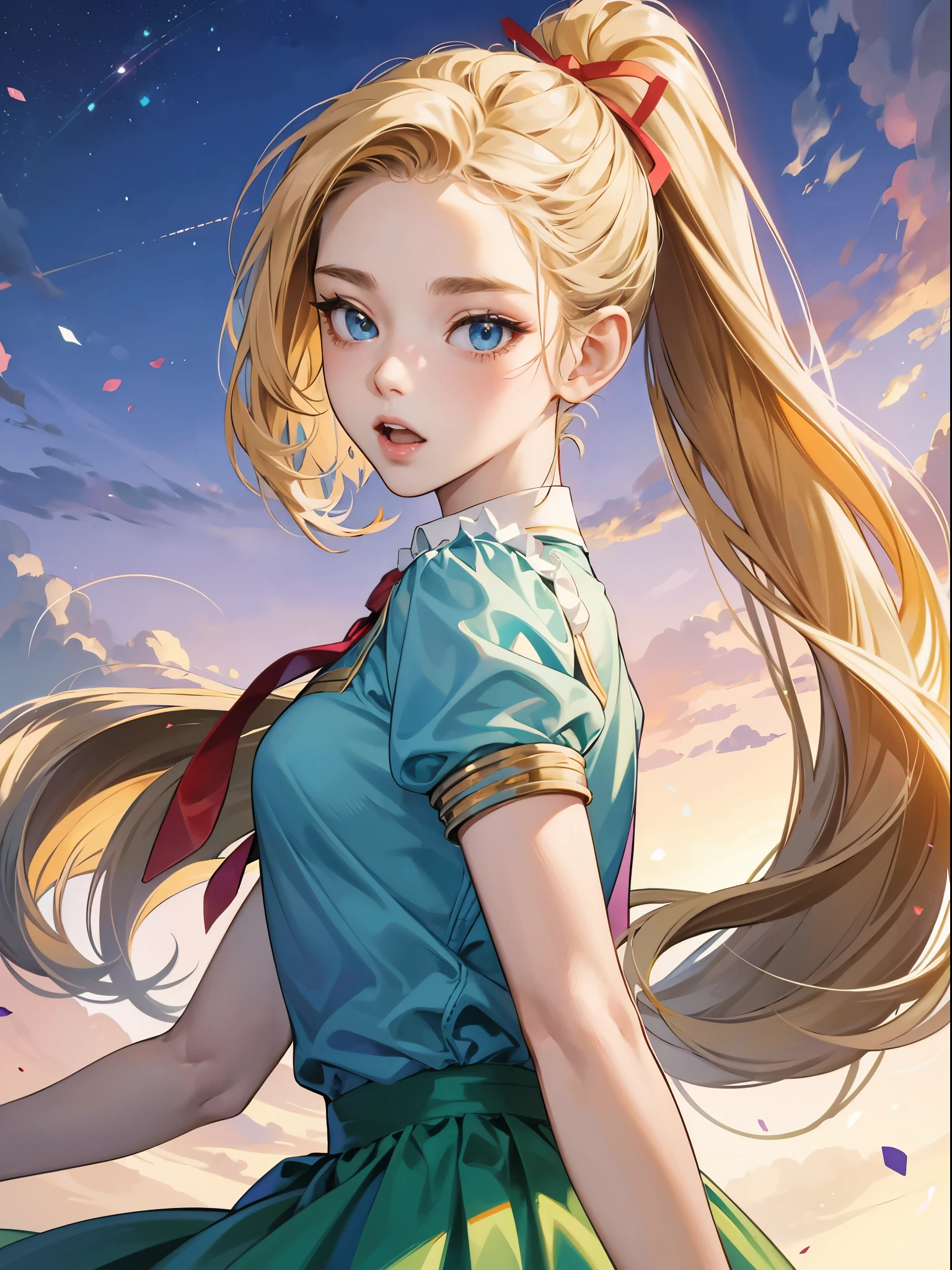 4K, (masterpiece), best quality, high quality, actual, ridiculous, high resolution, Super detailed, 1girl, adult, Super detailed,extremely detailed face, girl, beautiful, beautiful, very cute, cute face, 13 years old, portrait, No makeup, short eyelashes,open mouth, Sandy blonde hair, ((blue eyes)), high ponytail, White shirt, short sleeve, green skirt, pleated skirt, long skirt, Red ribbon tie, look back, Upper body purple sky background, upright