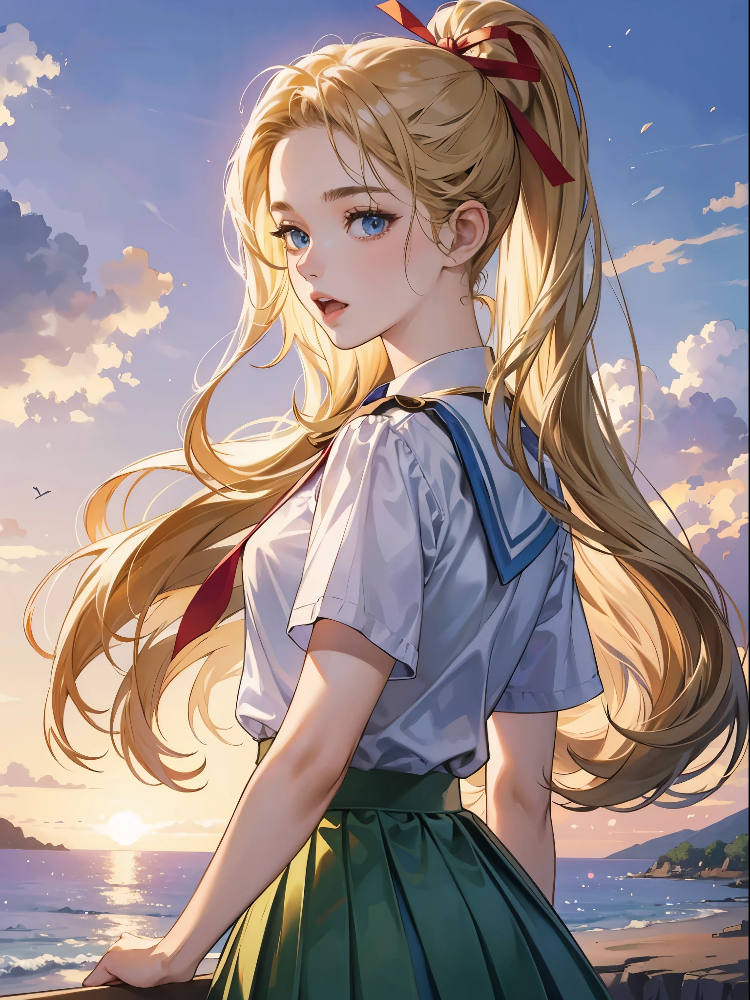 4K, (masterpiece), best quality, high quality, actual, ridiculous, high resolution, Super detailed, 1girl, adult, Super detailed,extremely detailed face, girl, beautiful, beautiful, very cute, cute face, 13 years old, portrait, No makeup, short eyelashes,open mouth, Sandy blonde hair, ((blue eyes)), high ponytail, White shirt, short sleeve, green skirt, pleated skirt, long skirt, Red ribbon tie, look back, Upper body purple sky background, upright