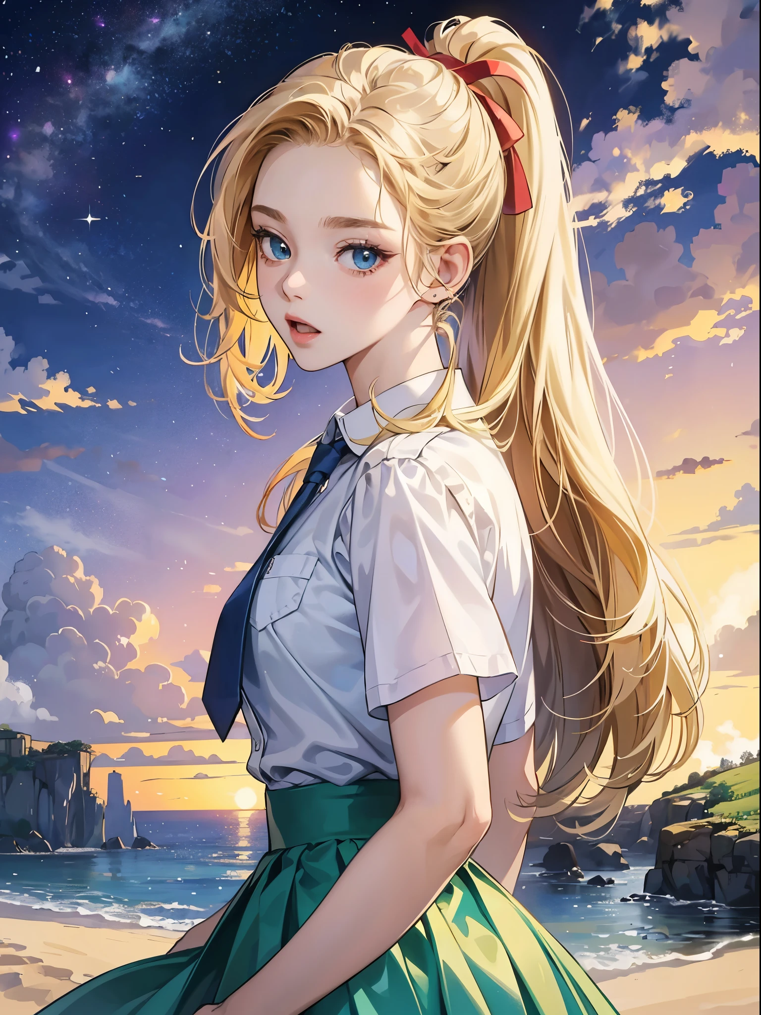 4K, (masterpiece), best quality, high quality, actual, ridiculous, high resolution, Super detailed, 1girl, adult, Super detailed,extremely detailed face, girl, beautiful, beautiful, very cute, cute face, , portrait, No makeup, short eyelashes,open mouth, Sandy blonde hair, ((blue eyes)), high ponytail, White shirt, short sleeve, green skirt, pleated skirt, long skirt, Red ribbon tie, look back, Upper body purple sky background, upright