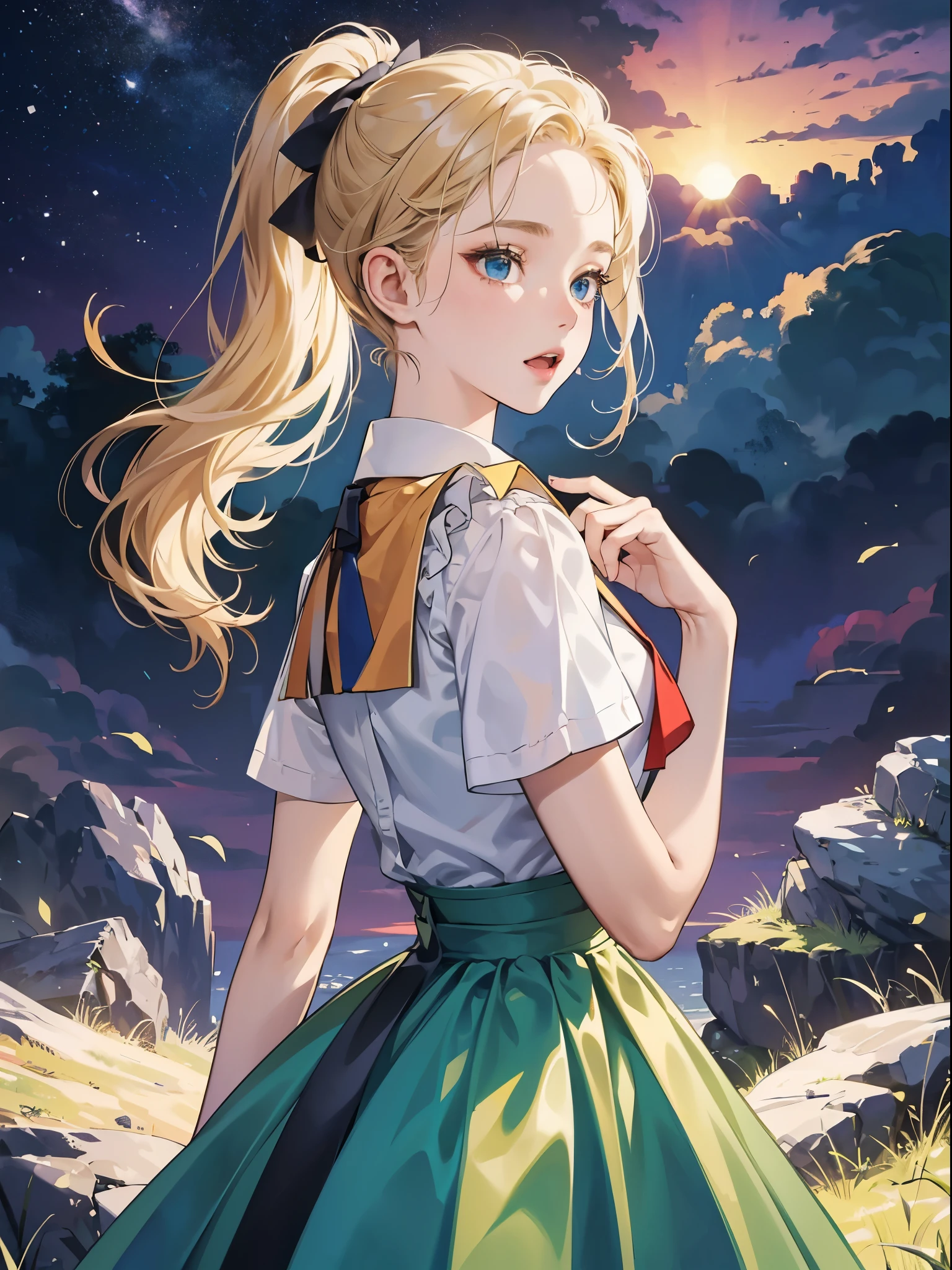 4K, (masterpiece), best quality, high quality, actual, ridiculous, high resolution, Super detailed, 1girl, adult, Super detailed,extremely detailed face, girl, beautiful, beautiful, very cute, cute face, 13 years old, portrait, No makeup, short eyelashes,open mouth, Sandy blonde hair, ((blue eyes)), high ponytail, White shirt, short sleeve, green skirt, pleated skirt, long skirt, Red ribbon tie, look back, Upper body purple sky background, upright