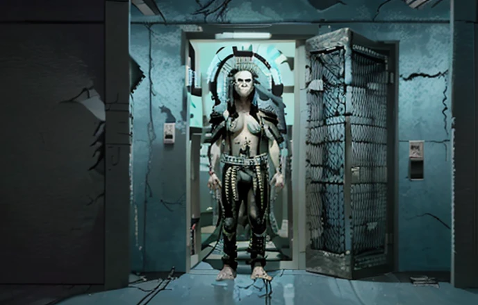 arafed man standing in a jail cell with a caged door, die antwoord music video, still from the movie saw, movie still of cyborg, still from a music video, still from alita, altered carbon, movie still of aztec cyborg, leather clothes under the armor, dark taint :: athletic, movie still of a alien cyborg, cage