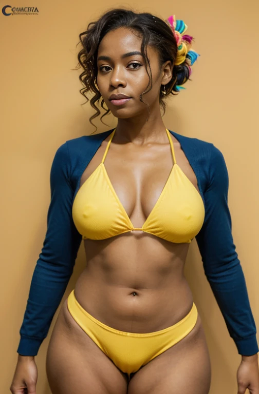 a close-up of a cartoon woman in a yellow bikini, anime manga black girl, retrato de corpo inteiro de um curta!, um pouco de amarelo e azul, commission for high resolution, retrato da cintura para cima, desenho colorido, lineart colorido, high quality desenho colorido, oc commission, retrato de corpo inteiro do personagem, colorful illustration, fanart urbana, colorful illustration, garota negra
