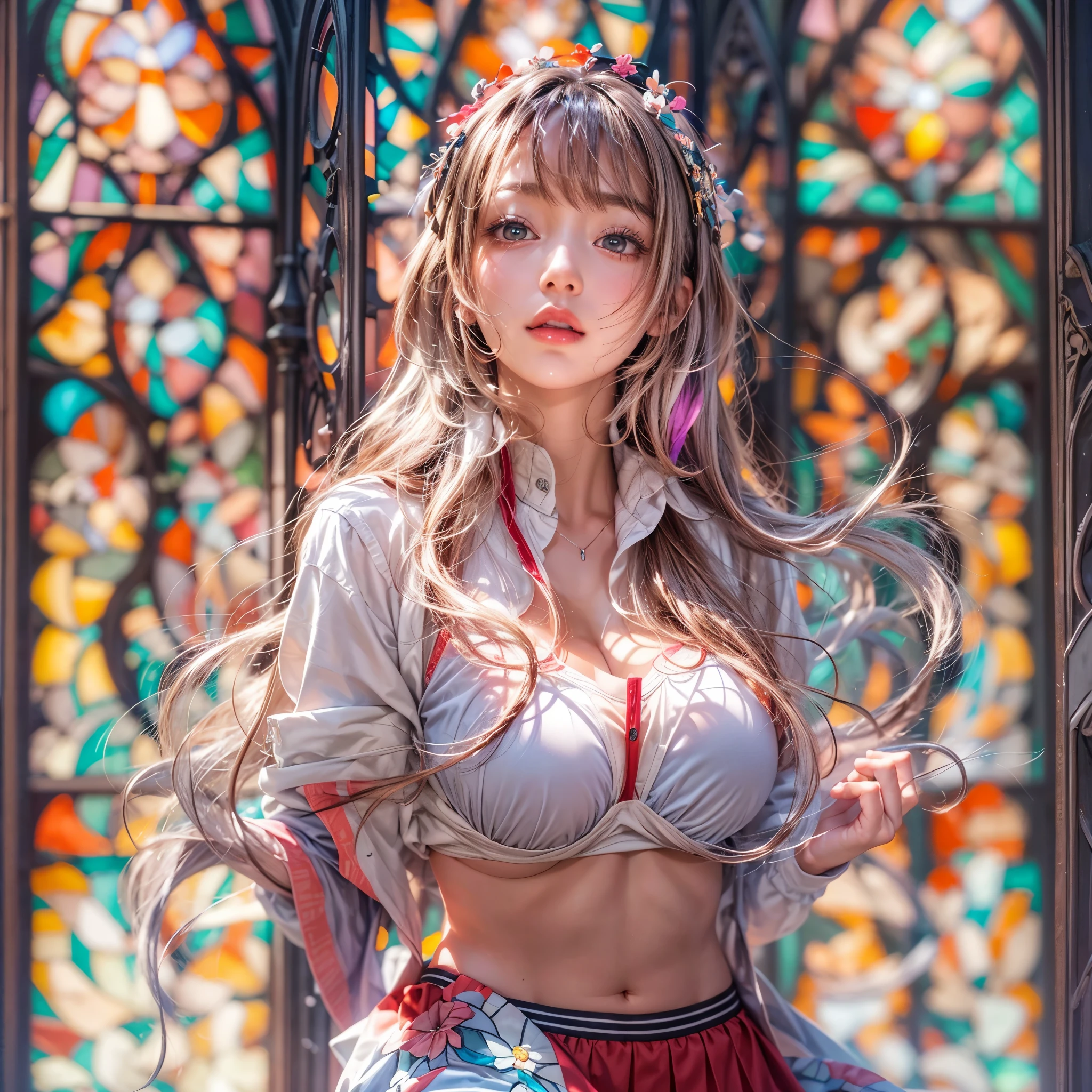 (NSFW:-0.98) . White and Red, (Dazzling colorful light pours down and reflects:1.2), (Physically-based Rendering with incredible detailed Textures), Award-winning Masterpiece of professional Analogue photograpy, { (((Photorealistic:1.37))) | (Hasselblad with F2.8) }, (((Acutance:0.85), { from below | from side } )) . ((A group photo of many KAWAII girls in (school uniform)) with visible Overflowing Cleavage) and Navel without bra . (((Extremely detailed KAWAII face variations)) with joyful expressions), { Glossy cute Lips Closeup | Detailed natural eyes with sparkling highlights and long eyelashes | Rosy cheeks | Navel | (pretty Ass) | (Overflowing underboob) | Oiled ivory skin Details | White panties with (blood seeping only in crotch area) | ((full of Flowers covering girl's body:1.15)) | (((Dazzling colorful stained glass with stunning elaborate details:1.2))) | Mystic sight | A Halo ling in the air | God rays | Haze | Lens flare | Luminescent particles | Kissing face to face } . Ultra-detailed, (Exposed:0.8), (((Nipple:-0.9))) .