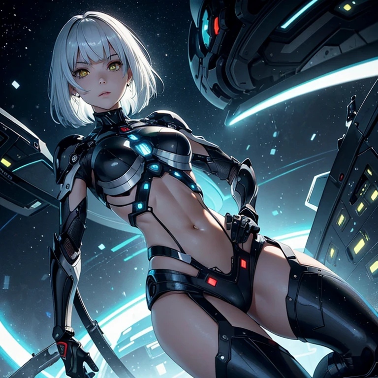 Arte detalhado, Light-skinned humanoid Android with short gray hair with triangular fringe covering the eyebrows and shiny yellow Cyborg eyes, Manga Art Style, colorido, cores vivas, Female humanoid Android with a mark on her neck that says HUGE, her hair has long fringes down to her belly and at the back of her hair and is very short and combed, your skin is synthetic similar to humans, in the background a scene of a technological laboratory at night 