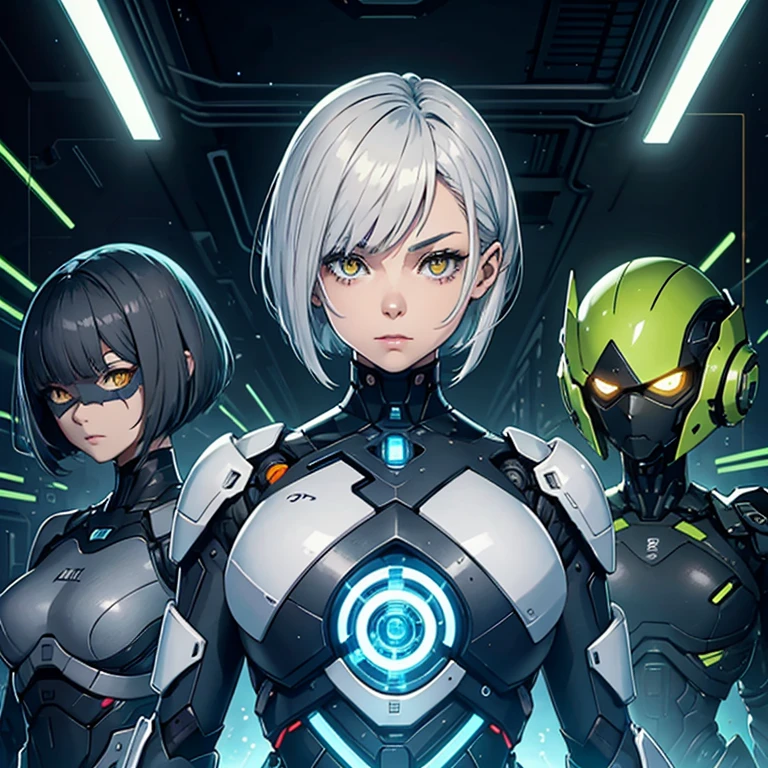 Arte detalhado, Light-skinned humanoid Android with short gray hair with triangular fringe covering the eyebrows and shiny yellow Cyborg eyes, Manga Art Style, colorido, cores vivas, Female humanoid Android with a mark on her neck that says HUGE, her hair has long fringes down to her belly and at the back of her hair and is very short and combed, your skin is synthetic similar to humans, in the background a scene of a technological laboratory at night 