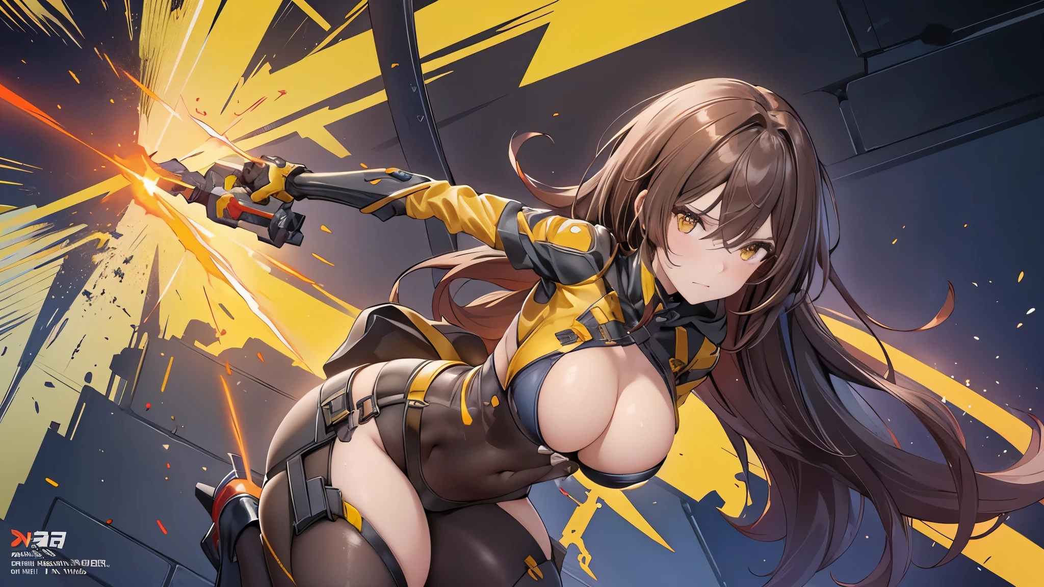 A lone mature girl, Waist long light brownr hair, , Gold eyes, yellow eyes, Beautiful face, masterpiece, best quality, expressive eyes, perfect face, forehead protector, Short heat sword, , white rubber skin tight suit, yellow glove, full leg white stocking, exposed chest , sci-fi city , High detail mature face, combat suit, high res, ultra sharp, She stands confidently in the center of the poster, Shooting pose,explosion effect, a determined expression on her face。The background is dark and gritty,There is a sense of danger and a strong feeling。The text is bold and eye-catching,With catchy slogans,Adds to the overall drama and excitement。The color palette is dominated by dark colors,Dotted with bright colors,Make the poster dynamic and visually striking,(Magazines:1.3), (Cover-style:1.3), Fashion, vibrant, Outfit, posing on a, Front, rich colorful,Background with,element in,self-assured,Expressing the,halter,statement,Attachment,A majestic,coil,Runt,Touching pubic area,Scenes,text,Cover of a,boldness,attention-grabbing,titles,Fashion,typeface,,Best quality at best,Hyper-detailing,8K ,hyper HD