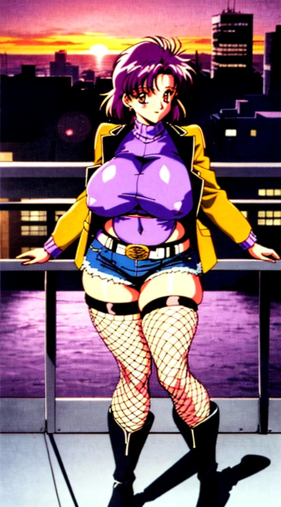 1990s anime, (masterpiece), high-definition, vibrant colors, korean girl, big boobs, big hips, messy dark purple hair, orange eyes, crop top sweater, jacket, shorts, belt, thong, thigh high stockings, boots, fishnet, balcony, leaning on the railing, sunset