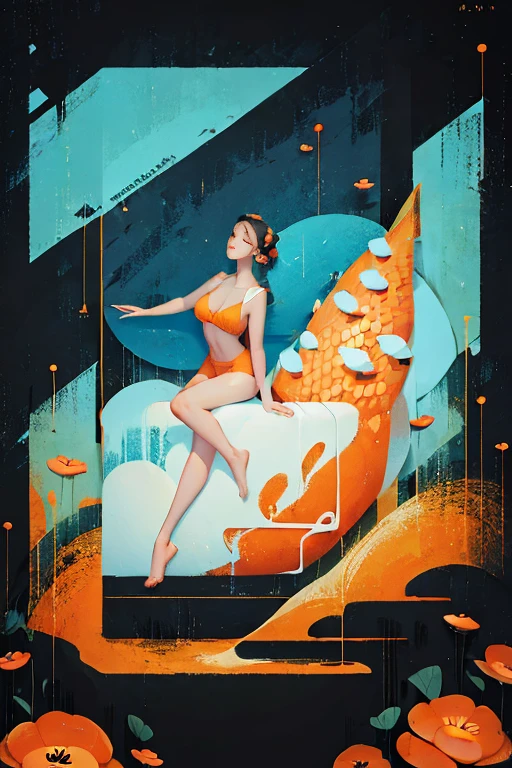 woman floating in the air, (multi-color hair), limp body, asleep, vibrant opalescent lighting, flecks in the air, dynamic lighting, warm color pallet, knit, brocade, gold carp, strange black fish, poppies, swirling air movement, wide angle, full body view, loose fabric, geometric shapes, small breasts, sherbet, persimmon, up-do hair, Bauhaus, geometric shapes