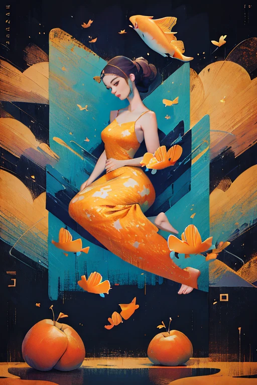 woman floating in the air, (multi-color hair), limp body, asleep, vibrant opalescent lighting, flecks in the air, dynamic lighting, warm color pallet, knit, brocade, gold carp, strange black fish, poppies, swirling air movement, wide angle, full body view, loose fabric, geometric shapes, small breasts, sherbet, persimmon, up-do hair, Bauhaus, geometric shapes