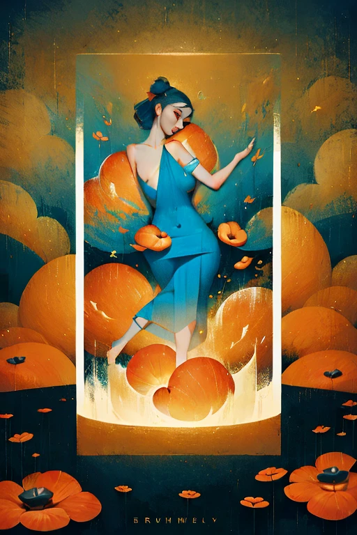 woman floating in the air, (multi-color hair), limp body, asleep, vibrant opalescent lighting, flecks in the air, dynamic lighting, warm color pallet, knit, brocade, gold carp, strange black fish, poppies, swirling air movement, wide angle, full body view, loose fabric, geometric shapes, small breasts, sherbet, persimmon, up-do hair, Bauhaus, geometric shapes