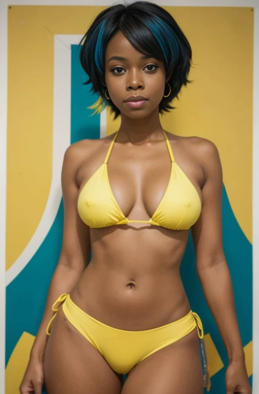 a close-up of a cartoon woman in a yellow bikini, anime manga black girl, retrato de corpo inteiro de um curta!, um pouco de amarelo e azul, commission for high resolution, retrato da cintura para cima, desenho colorido, lineart colorido, high quality desenho colorido, oc commission, retrato de corpo inteiro do personagem, colorful illustration, fanart urbana, colorful illustration, garota negra