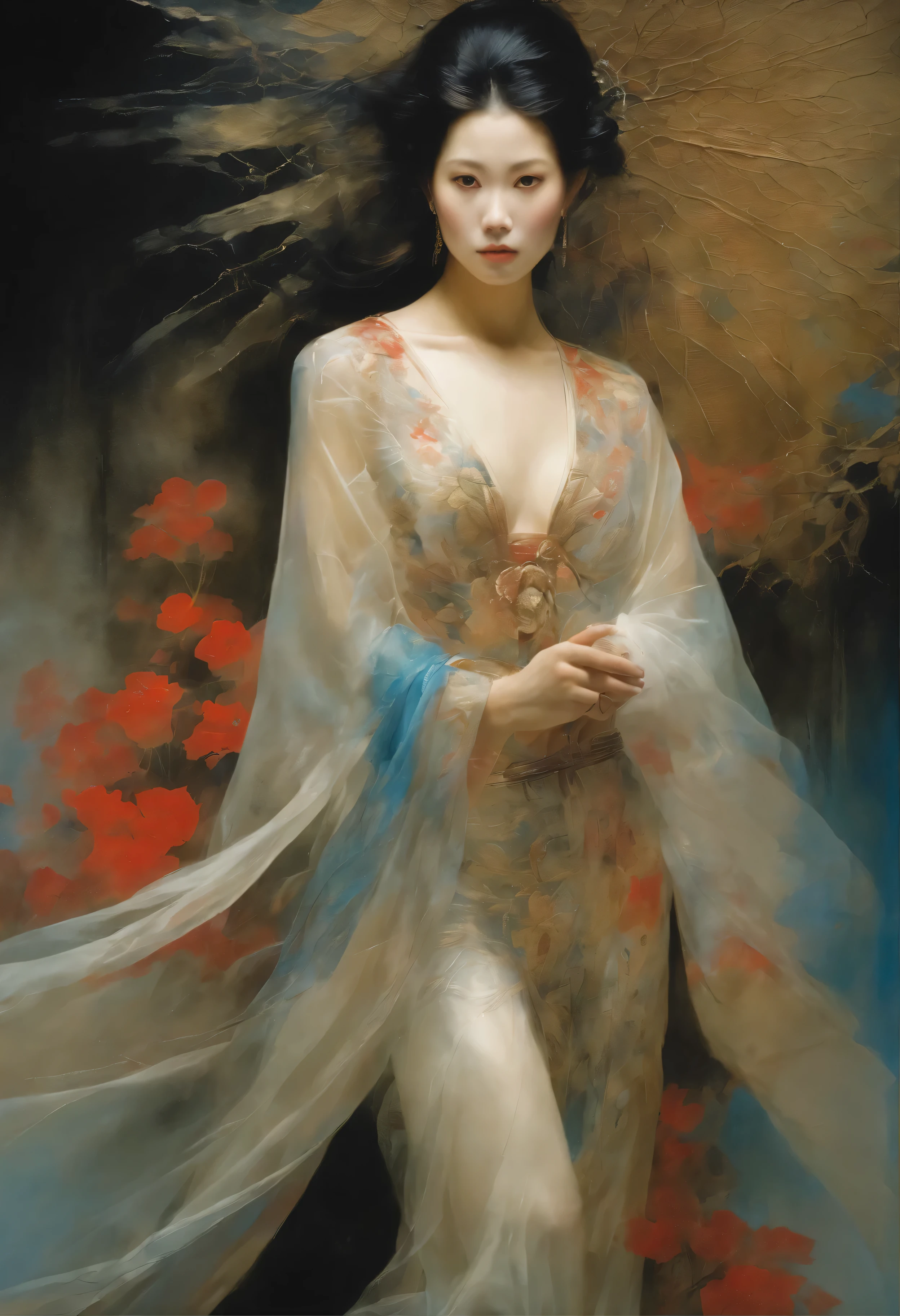 Yoshitaka Amano's style　Woman wearing see-through cloth　Rough painting