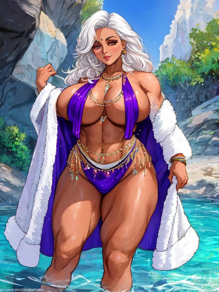 50-year-old woman, indian bimbo, ifbb, mature allure, (wearing only shimmering robes), white hair, thick lips, diving in dark waters