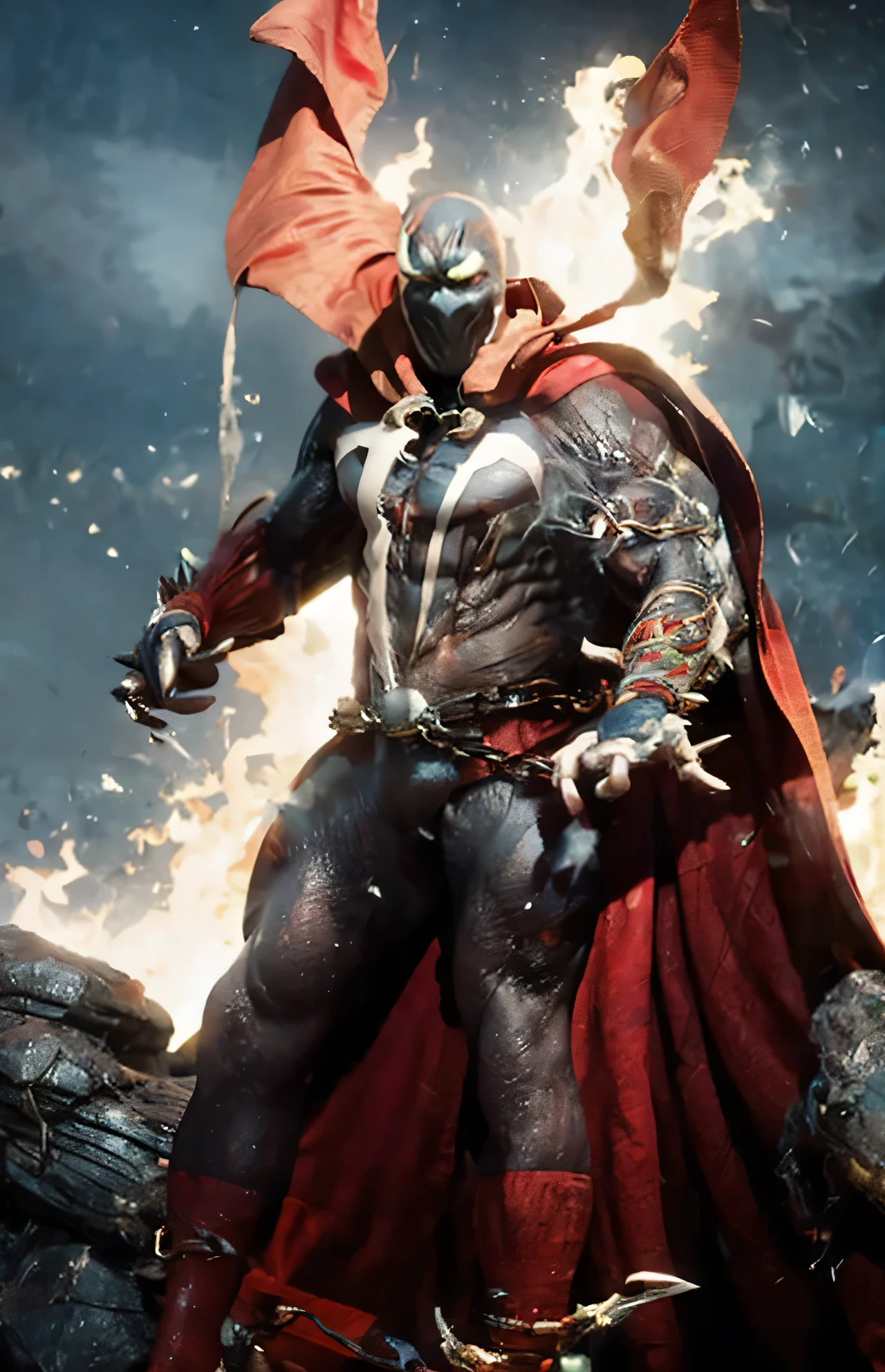 Generate an epic 8k resolution cover featuring a superheroic pose resembling Todd McFarlane's Spawn. Emphasize a dynamic and powerful stance, capturing the essence of Spawn's iconic presence. Use cinematic lighting to enhance the details of the character's costume and muscular physique. The overall atmosphere should exude a sense of dark heroism. Ensure a high level of detail, realistic texture, and vibrant colors to create a visually striking and iconic image, cape billowing, red cape, large cape, heroic, power