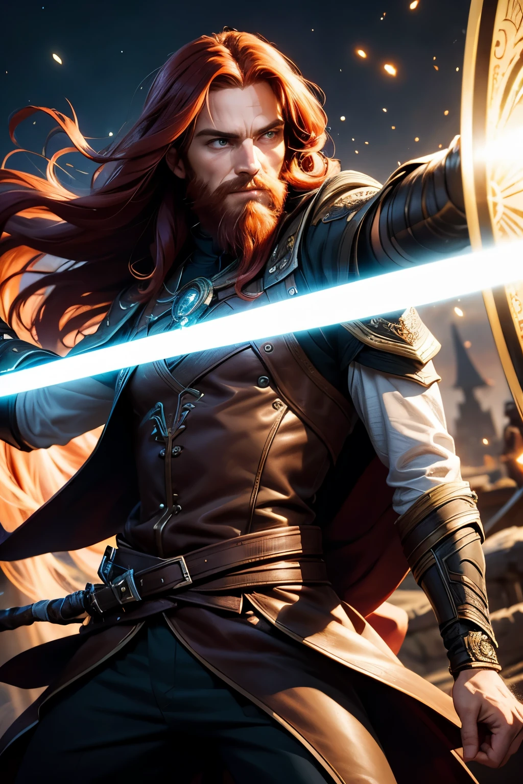 handsome man with long flowing red hair and beard, green eyes, looking at the camera, full face, bow and arrow, rogue assassin, thin, athletic, mischievous, hands visible, action shot, realistic, masterpiece, high resolution, (luminous particles: 1.3), moonlight, lens flare, (cinematic light), illustration, royalty, [: (detailed face: 1.2): 0.2], detailed, detailed clothing, (detailed background: 1.3), dynamic pose, 30 years old