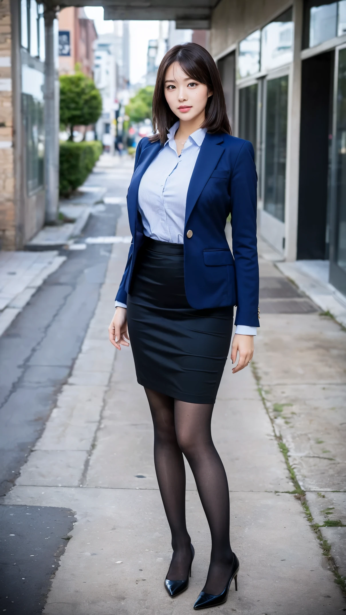 (masutepiece,High quality,16k:1.1),(depth of fields:1.3) ,((front body:1.35)),Japanese ,Woman, ((business suit, pencil skirt)), tights,huge breasts, voluptuous, thicc, curvy,(Looking at Viewer:1.3),(full body shot:1.2),(Beautiful Morning view of town:1.2),