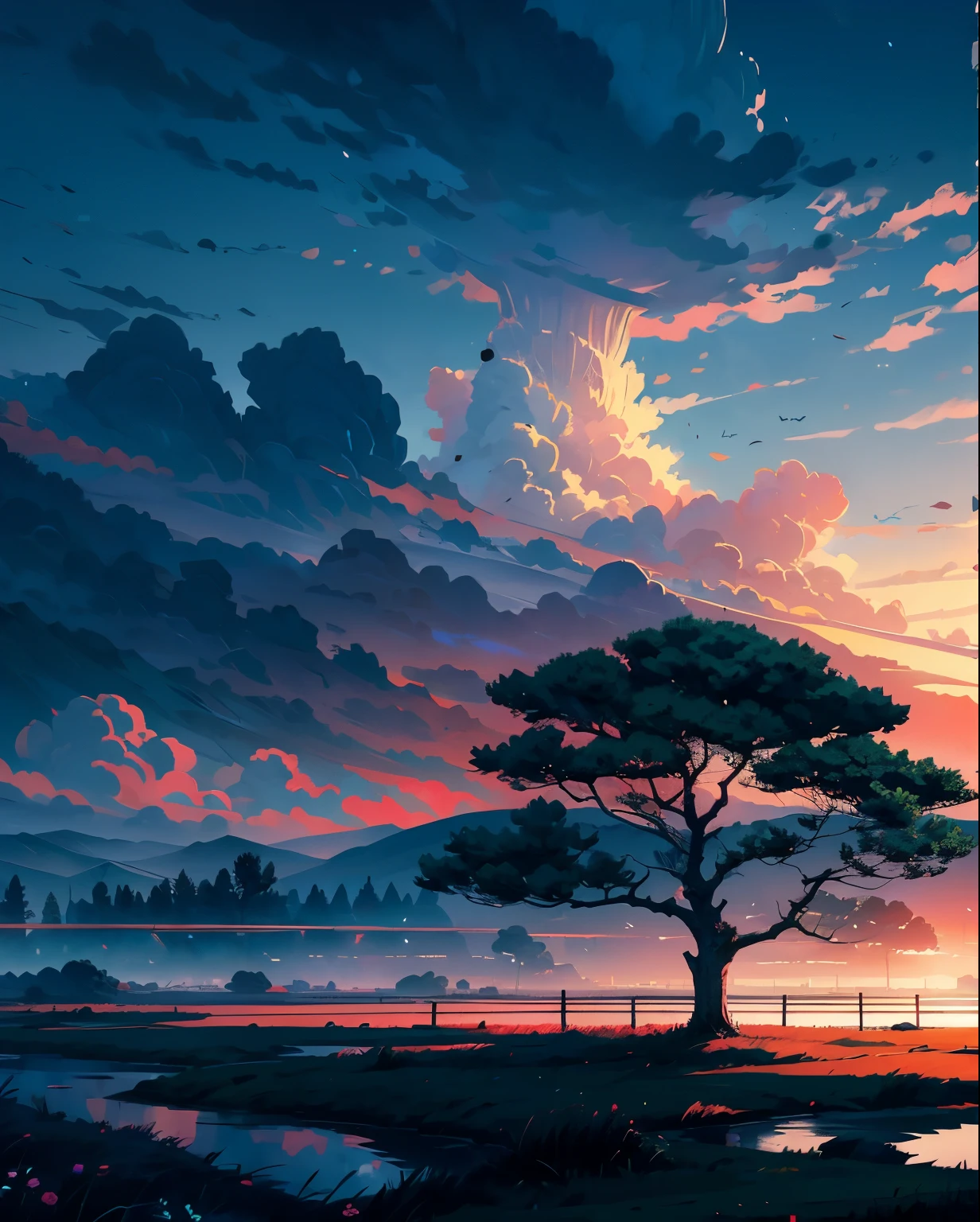 A solitary tree stands in the heart of an empty field, proudly rising amidst the tranquility. Behind it, the horizon extends in subdued shades of gray, with clouds gathering in the sky, creating a mysterious scene that reflects the solitary beauty of the isolated tree.