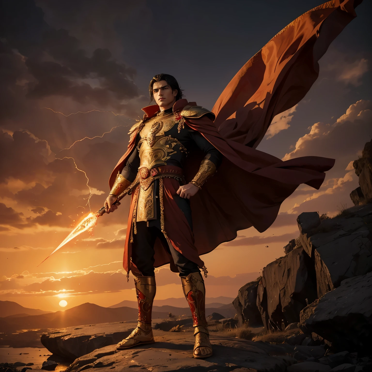 Generate highly detailed, high-quality images of a 25-year-old tall young man with pale skin, small brown eyes, a prominent nose, and thick eyebrows. Clean-shaven with a defined jawline, he has long black hair with a single gray strand. In a full-body image, depict him standing on a dark rock in an imposing pose, embodying the essence of a grand holy warrior.
Adorned in opulent red fabrics inspired by Byzantine aesthetics, featuring intricate golden patterns, he wears a full golden body armor and a long red cape. A ruby jewel graces his forehead. The calamitous background includes destruction, lightning, and fire, with the rising sun symbolizing hope on the horizon.
Capture the character covered in his own blood, bearing wounds, surrounded by intense magical red energy swirling around his body. Emphasize the highest quality and intricate details to vividly bring this compelling scene to life.