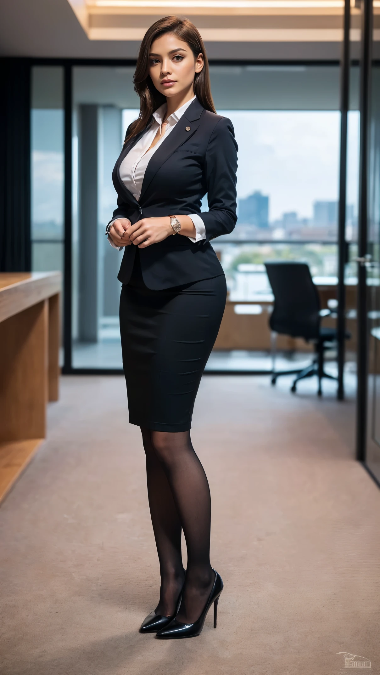 (masutepiece,High quality,16k:1.1),(depth of fields:1.3) ,((front body:1.35)),German ,Woman, ((business suit, pencil skirt)), tights,huge breasts, voluptuous, thicc, curvy,(Looking at Viewer:1.3),(full body shot:1.2),(Beautiful Morning view of town:1.2),