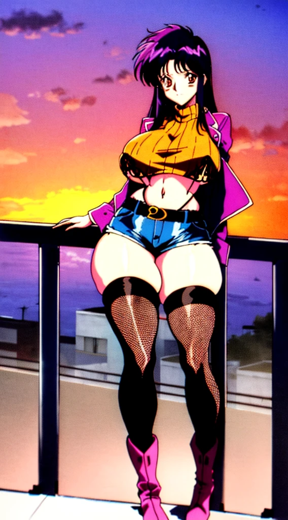 1990s anime, (masterpiece), high-definition, vibrant colors, korean girl, big boobs, big hips, messy dark purple hair, orange eyes, crop top sweater, jacket, shorts, belt, thong, thigh high stockings, boots, fishnet, balcony, leaning on the railing, sunset