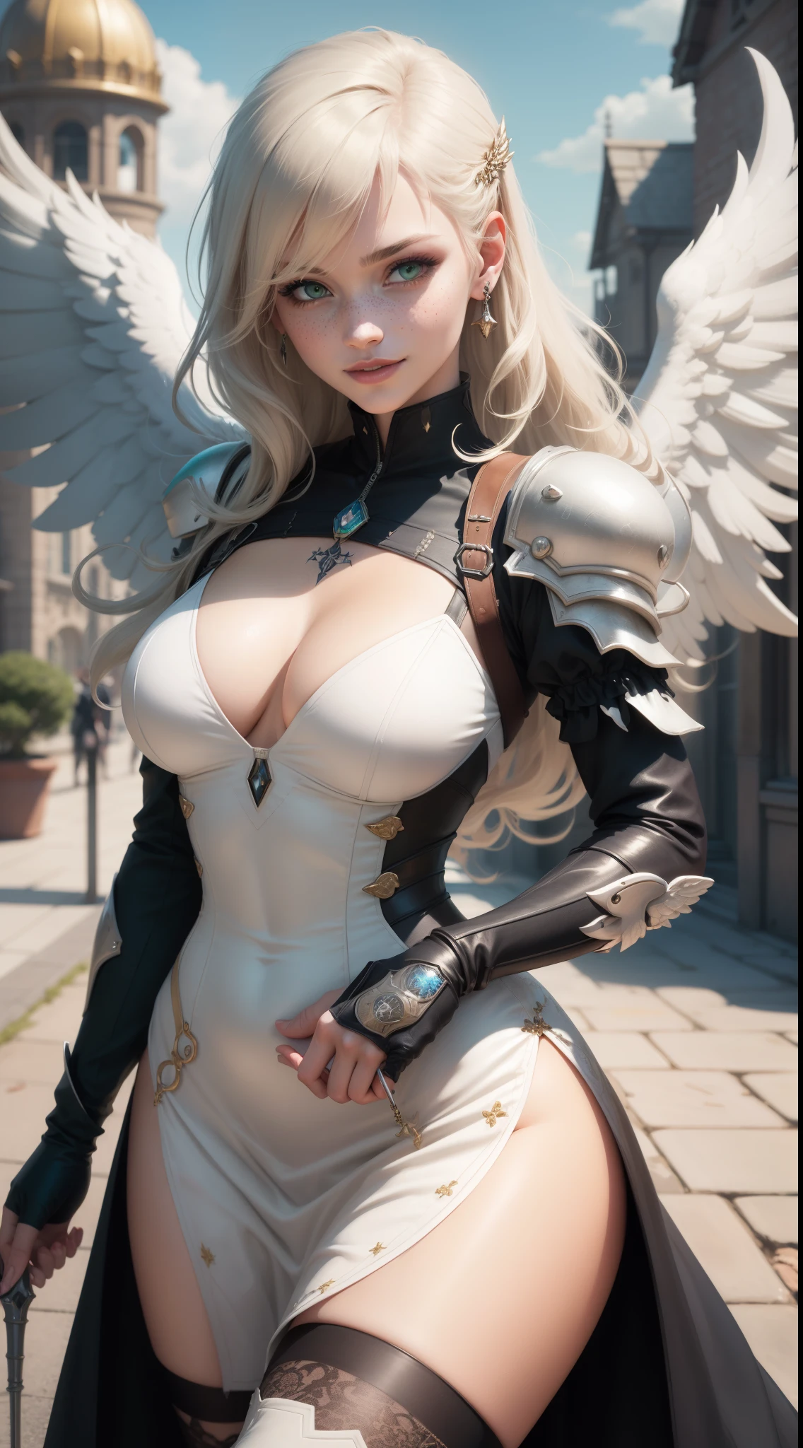 gwen tennyson,yorha 2b,tracer,claire farron, overwatch,atelier ryza,close up,heaven palace view,tattoos,golden and white plugsuit, white short sleeve angel top,short sleeve angel jacket,long medieval skirt,harness corset,long curly hair,punk makeup, green eyes,multicolored silver hair,long dress train,sexy smile,freckles,beautiful girl,thigh high angel boots,large breasts,8k,ultra detailed, realistic,fantasy art,angel armor,angel gown dress,hair pin,ear piercings,crystal hand and neck jewelry,(weather:windy),1girl,long golden angel cloak,holding a angel spear,long angel wings,flying,