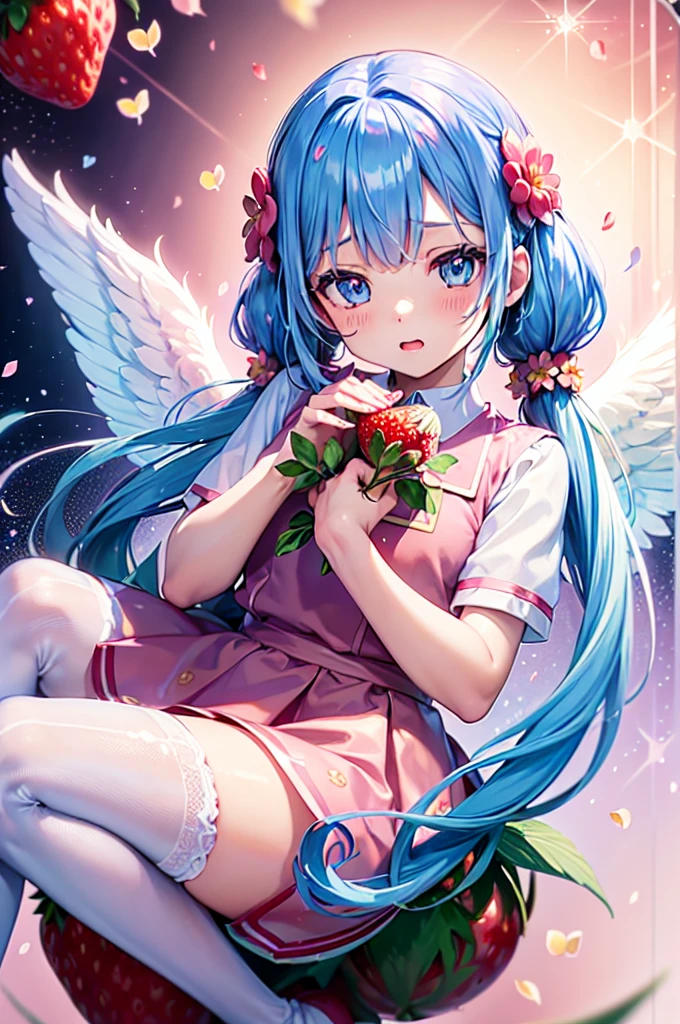 (((strawberry)))、(latex multicoloured school uniform girl)、sexy pose、very long twintails、light Blue hair、((angel wings))、((heart mark))、(Golden decoration)、(((floral decoration)))、Blue eyes、Sit up、(((floating flower petals、Glitter、Bokeh)))