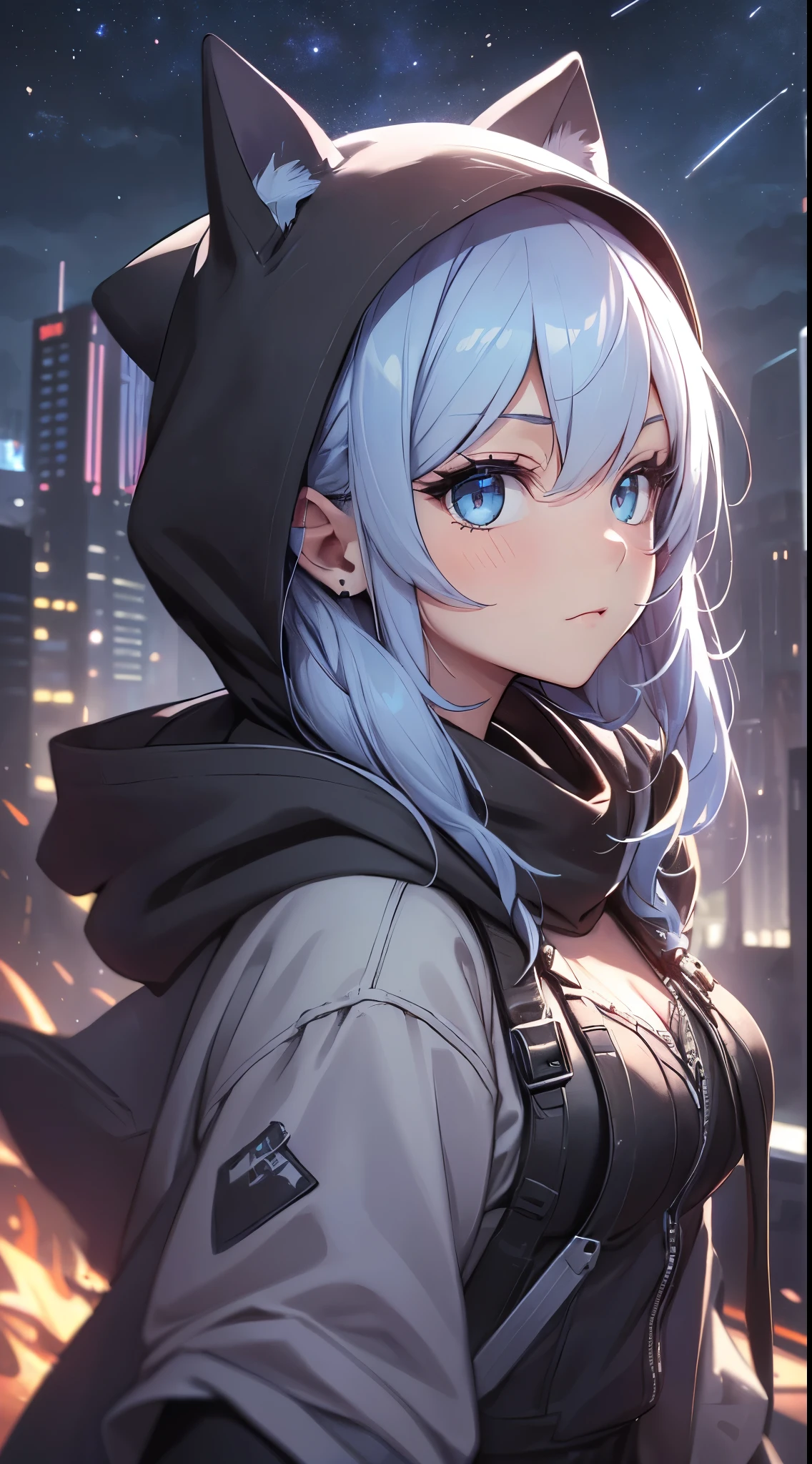 top quality、Top image quality、Masterpiece、 girl((wearing hood、Open chest black hoodie、black skirt、18 years old、 Ajer、best bust、big bast,Beautiful light blue eyes, long golden hair、A slender one,Great Valley、Reflect the whole body、lol、最好的微lol、Stain your cheeks red、stare at、eyes sparkling、piece sign)),high quality、beautiful art、background with((on the roof、Beautiful shooting stars、Yuki))Masterpiece、depth of field,