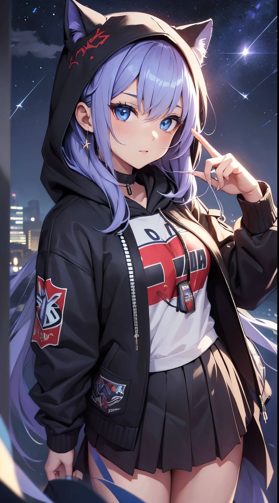 top quality、Top image quality、Masterpiece、teenage girl((wearing hood、Open chest black hoodie、black skirt、18 years old、 Ajer、best bust、big bast,Beautiful light blue eyes, long golden hair、A slender one,Great Valley、Reflect the whole body、lol、最好的微lol、Stain your cheeks red、stare at、eyes sparkling、piece sign)),high quality、beautiful art、background with((on the roof、Beautiful shooting stars、Yuki))Masterpiece、depth of field,