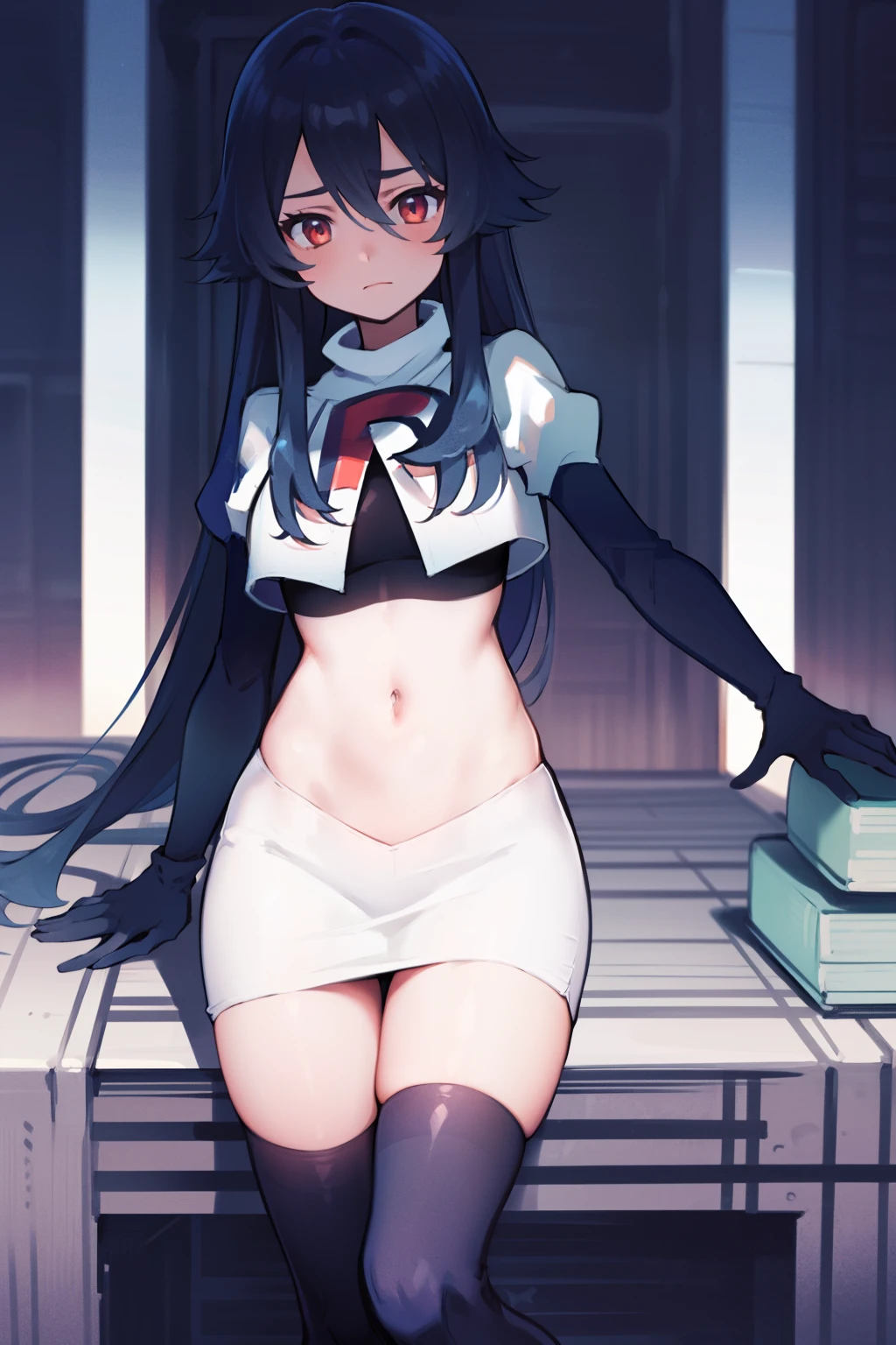 1girl,Layla,tsurime,team rocket,team rocket uniform, red letter R, white skirt,white crop top,black thigh-highs,black elbow gloves