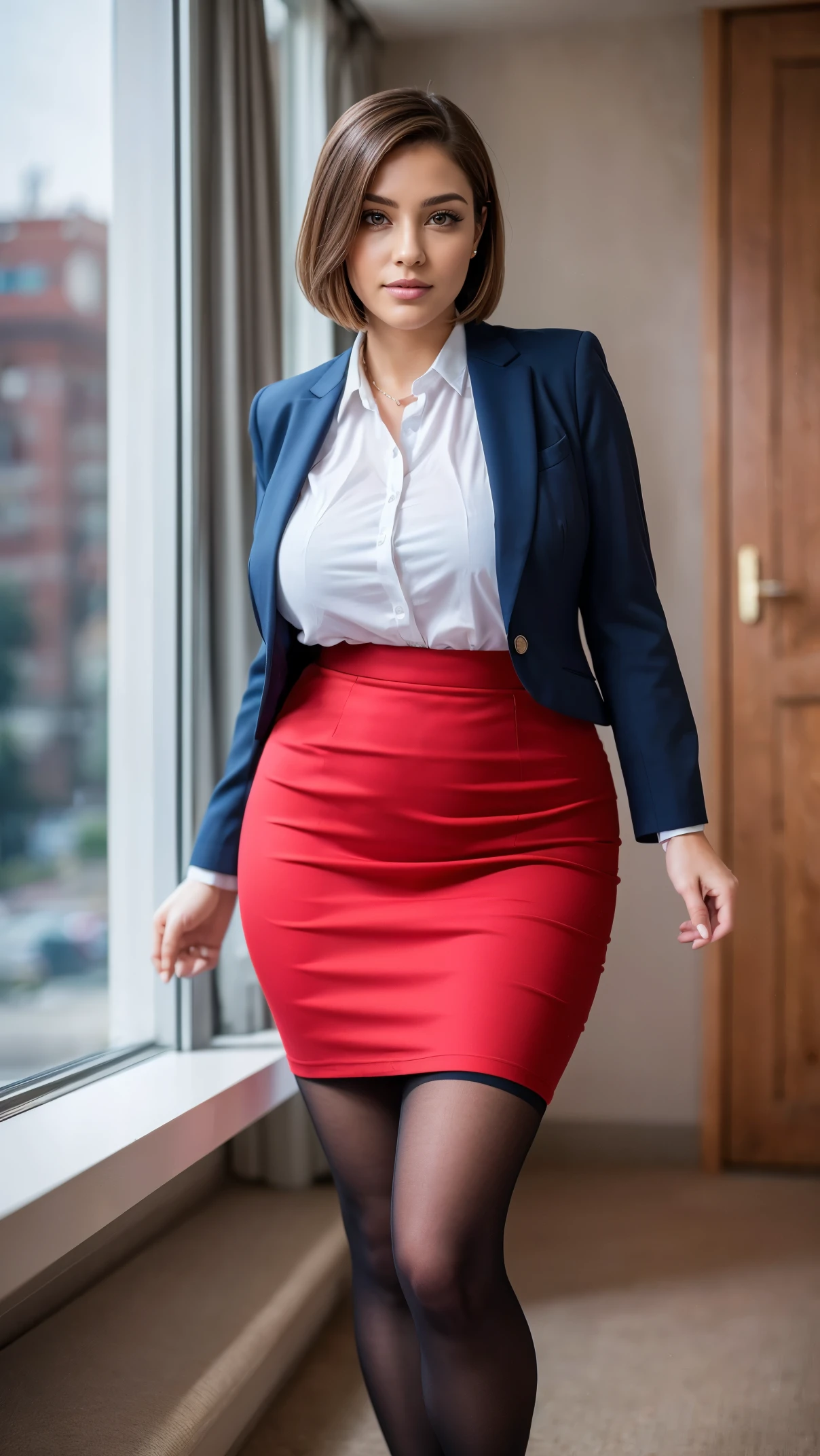 (masutepiece,High quality,16k:1.1),(depth of fields:1.3) ,((front body:1.35)),German ,Woman, ((business suit, pencil skirt)), tights,huge breasts, voluptuous, thicc, curvy,(Looking at Viewer:1.3),(full body shot:1.2),(Beautiful Morning view of town:1.2),