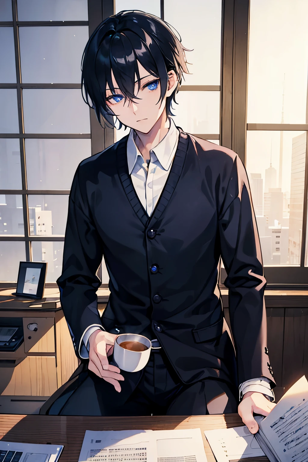 male black hair blue eyes sweater Check slacks vest coat sit sky at dawn Japanese-style house plush furnishings sit at desk Writing letters drink tea masterpiece Highest image quality noise removal clear parts cinematic shadow Increased attractiveness of the eyes clear parts the shine of the eyes Draw eyelashes neatly perfect eyes detailed eyes Sharpen image quality Sharpen eye writing clear parts eye shape